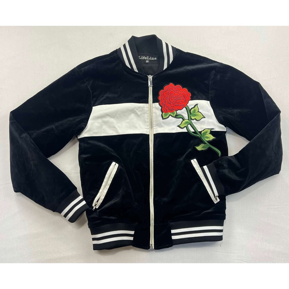 LifeLine Black Velvet Bomber Jacket Rose Embroidery Stripe Mens Small EUC